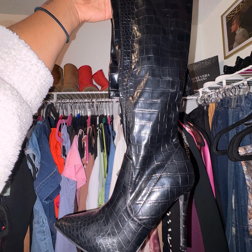 Black Croc-Embossed Knee-High Boots